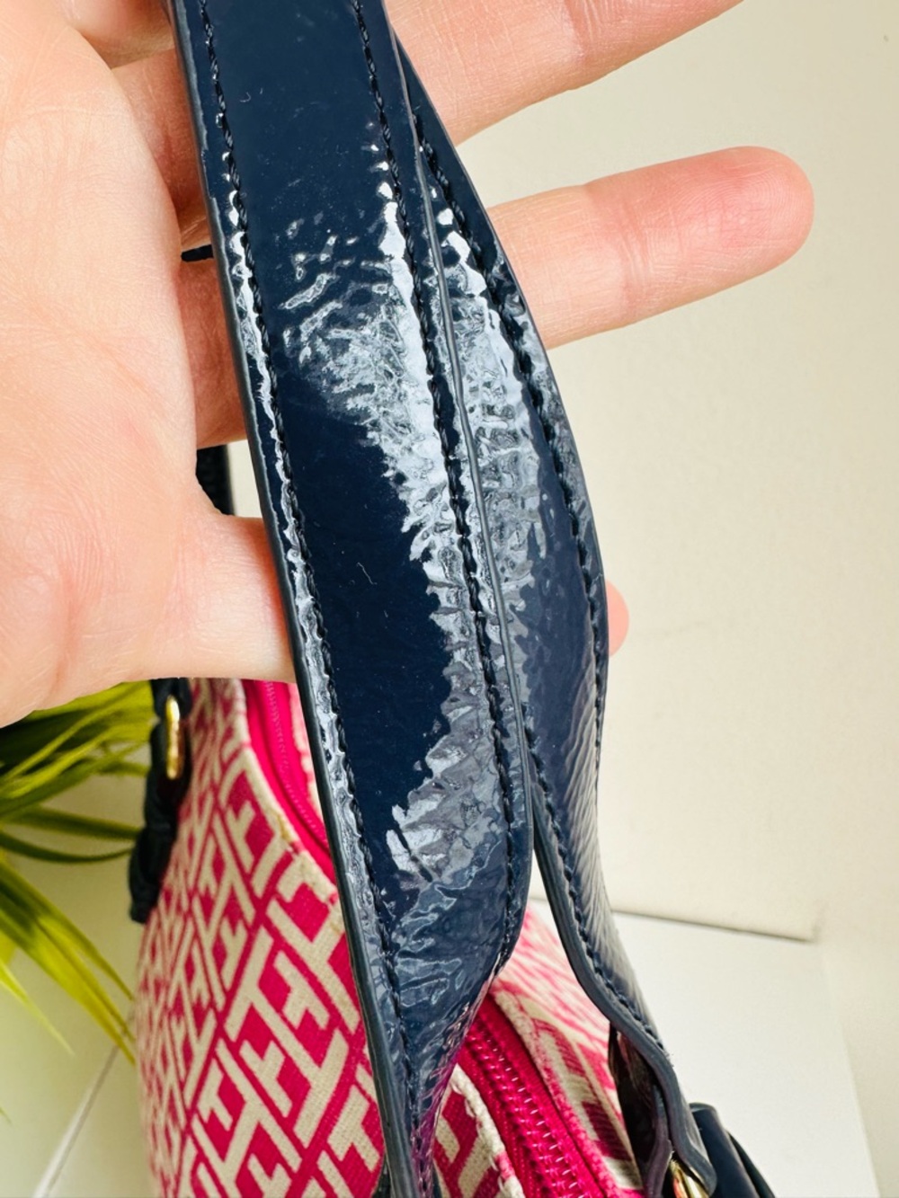 Tommy Hilfiger |  Hot Pink Canvas Patterned Satchel with Black Patent Handles - Picture 5 of 11